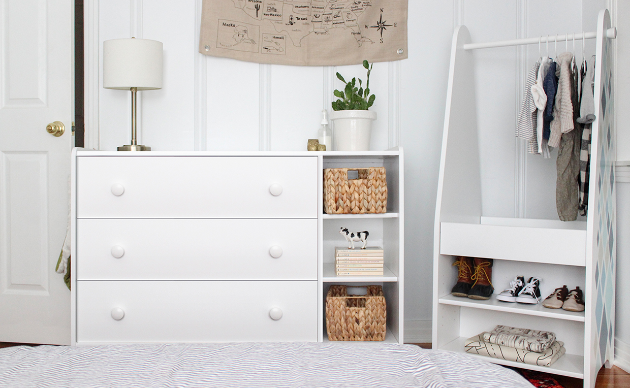 White dresser, open wardrobe storage, kids’ bedroom