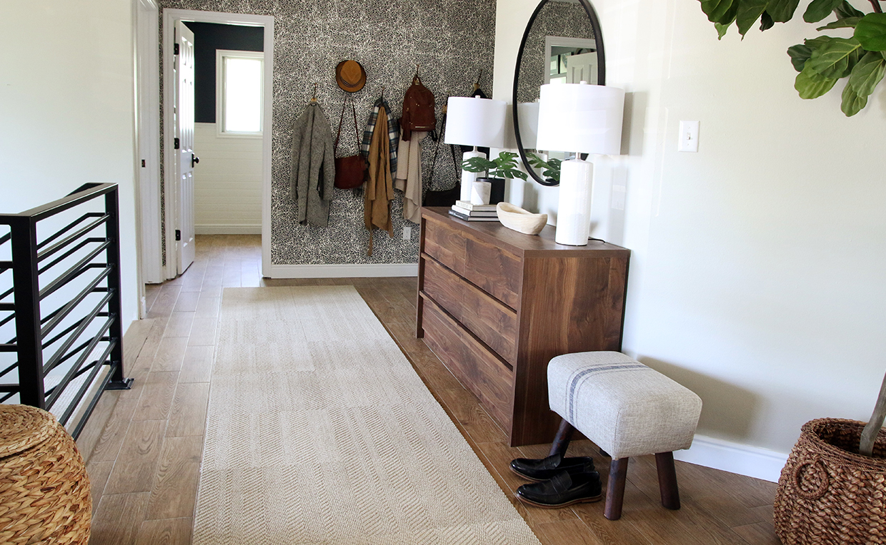 Main entryway, hallway with dresser and coat rack