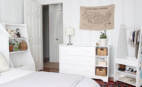 Kids’ bedroom, white dresser, wardrobe storage