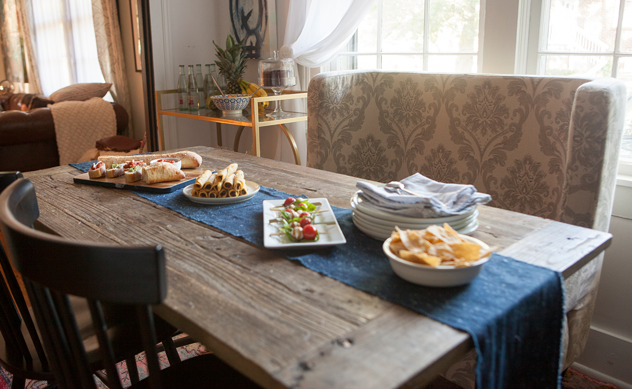 Kitchen table, wood table, kitchen seating, dining table, dinner, dinner party, appetizer, bench