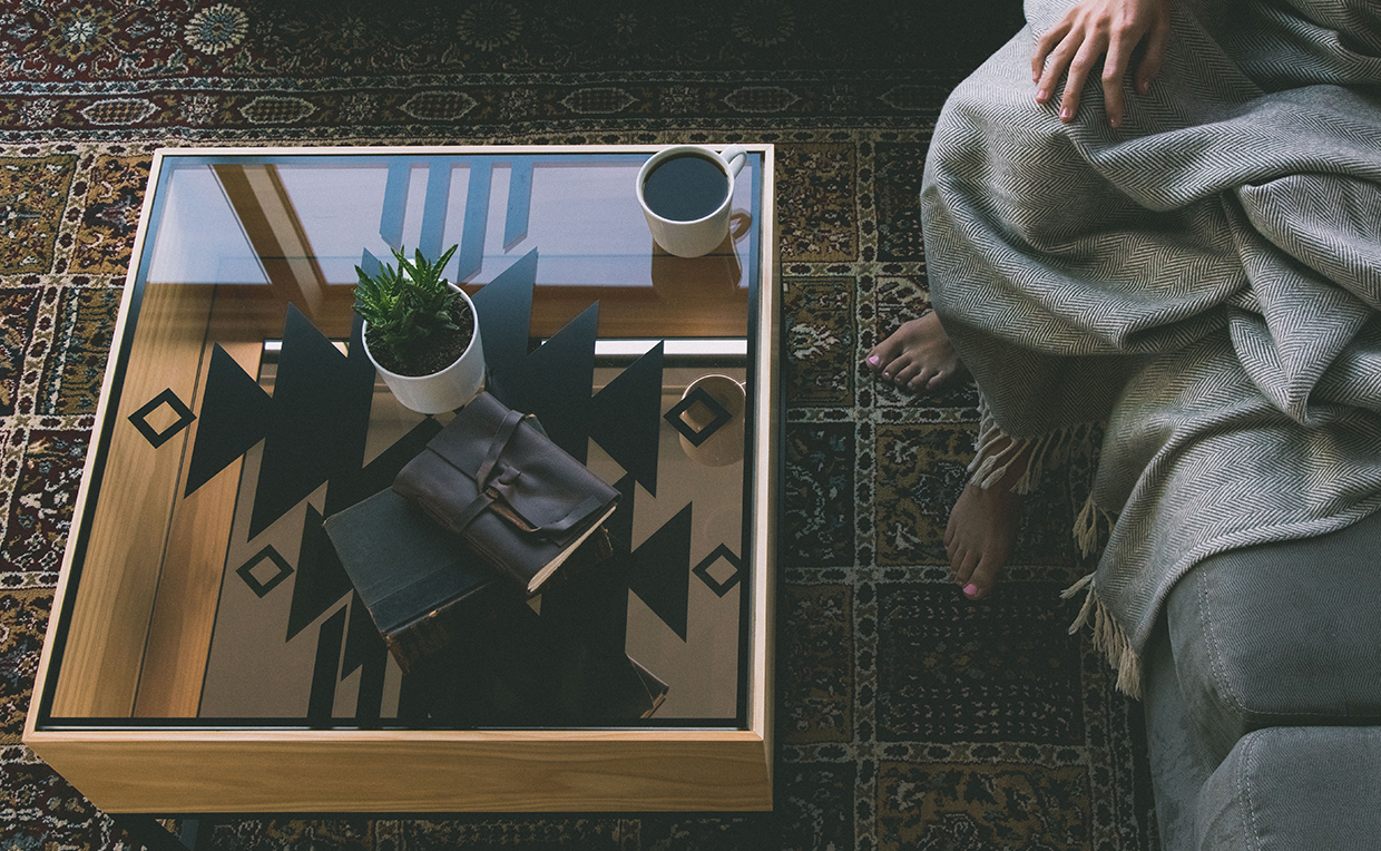 Coffee table, couch, blanket, hygge