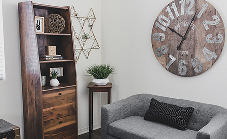 Midcentury Modern living room, bookcase with drawers