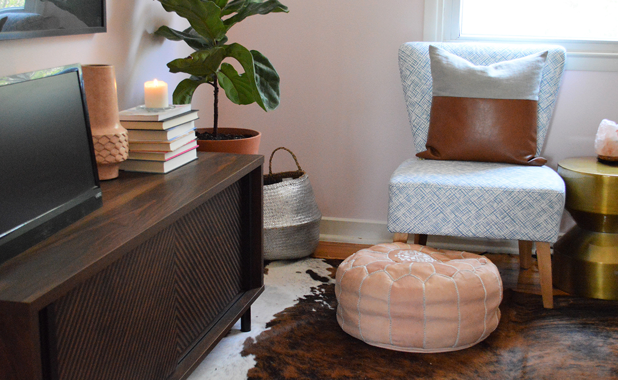 Den with chair, TV stand and ottoman