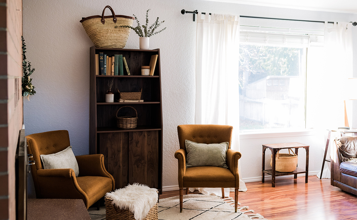 Midcentury Modern bookcase with doors in open-concept living room