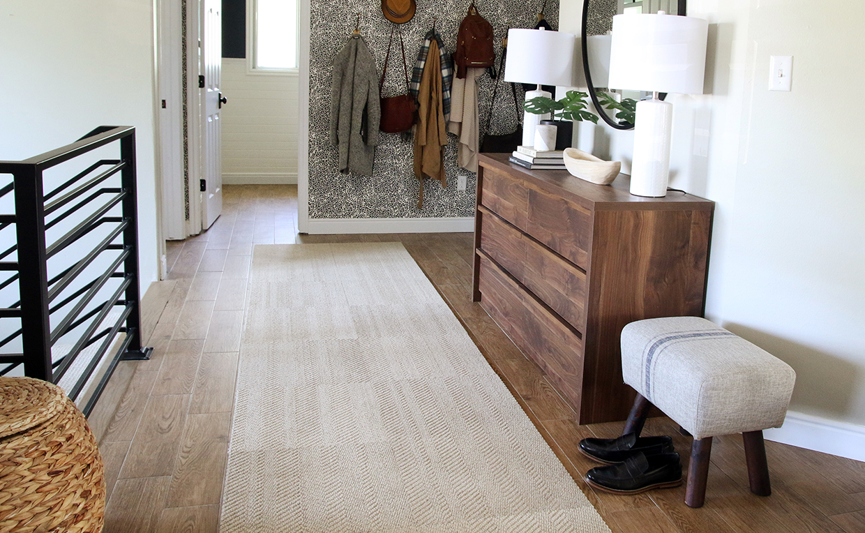 Entryway, small stool, dresser, coat rack