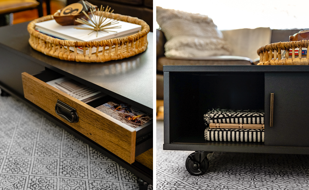 Industrial coffee table with wooden storage drawers