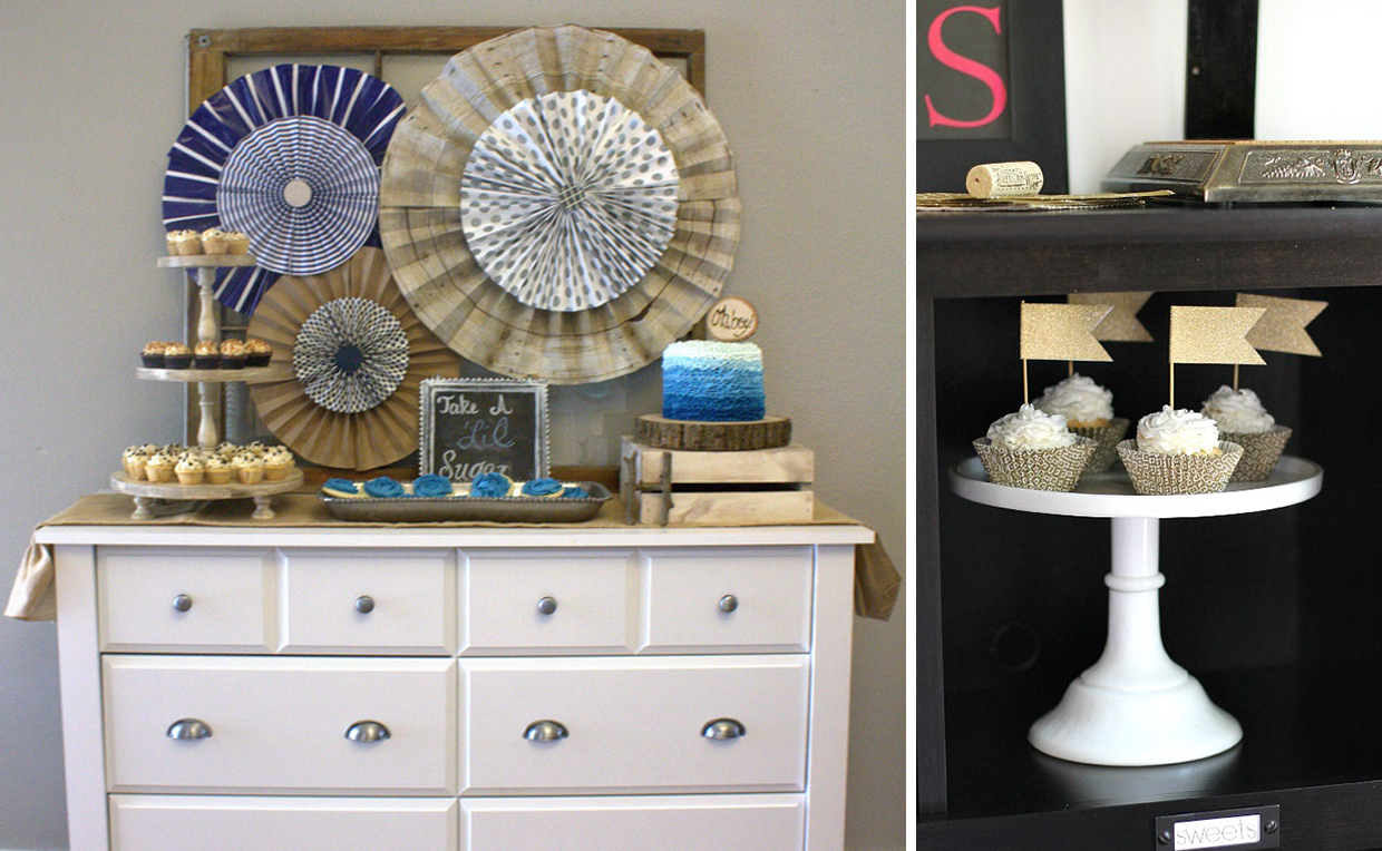 Dresser used as a dessert bar for entertaining.