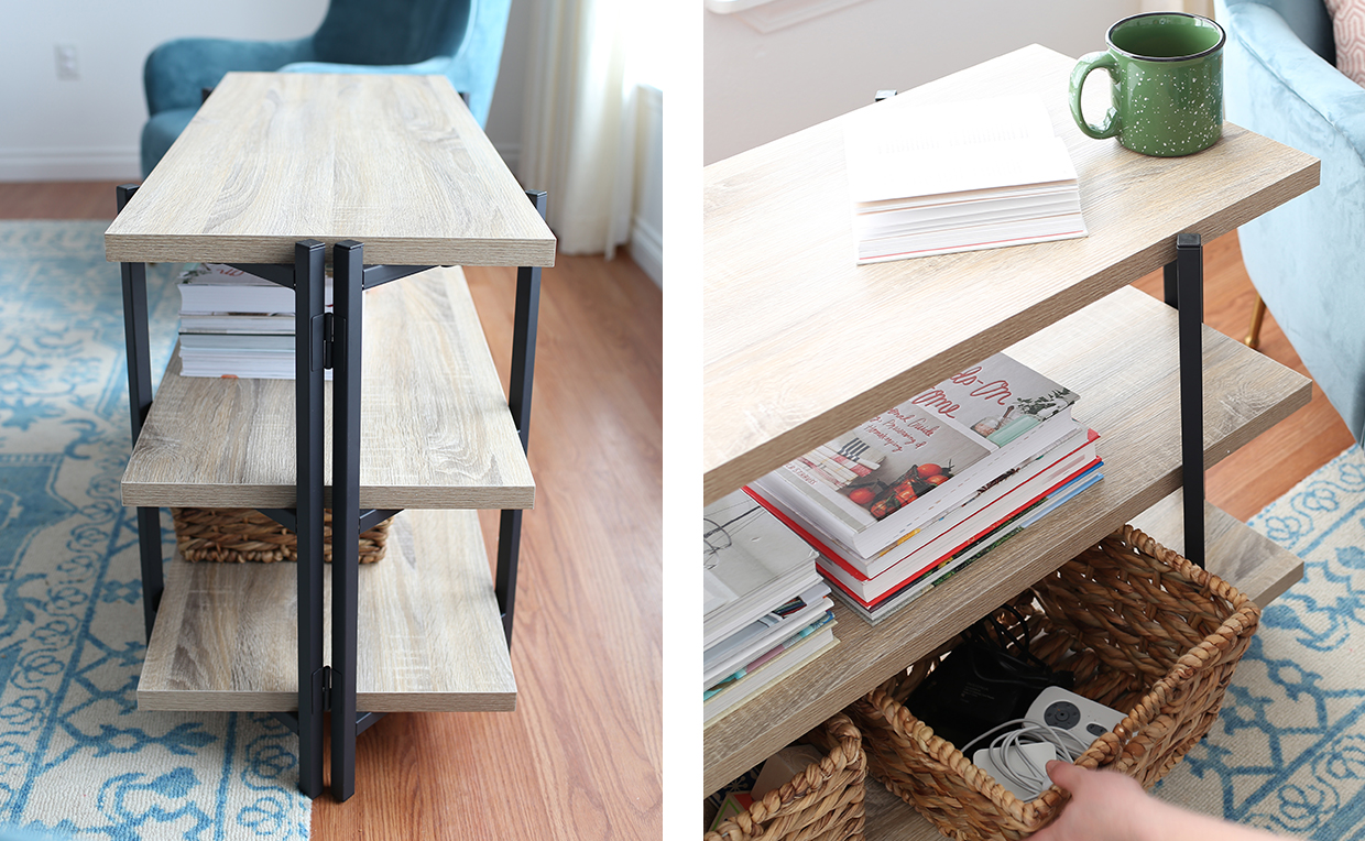 console table with storage shelves