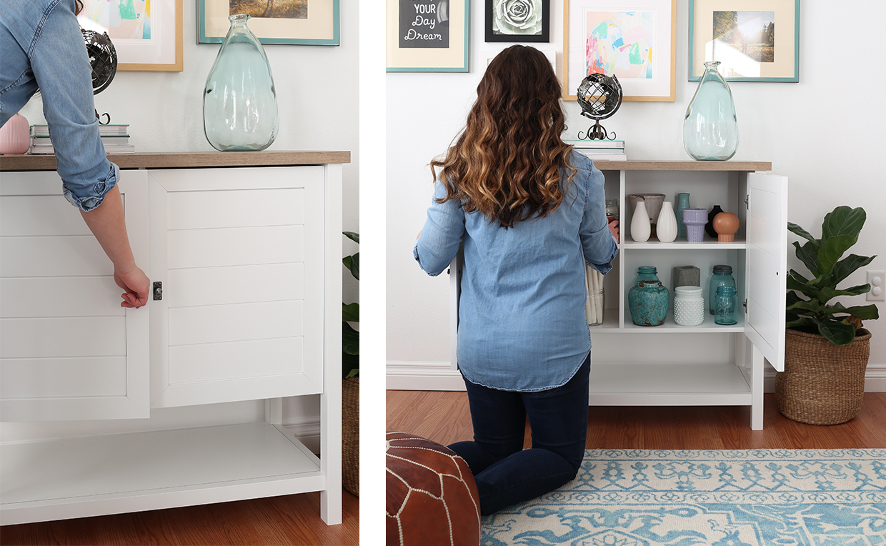 Cottage-style storage cabinet with shelves