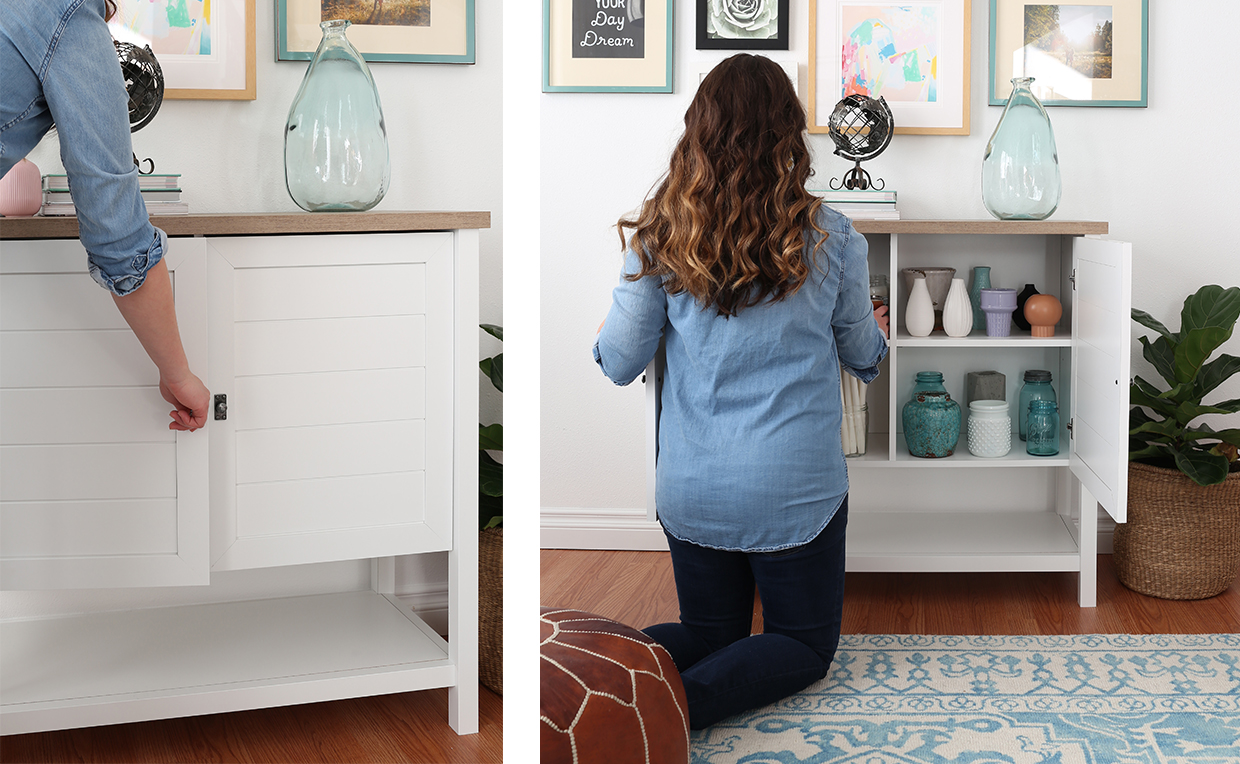 Cottage-style storage cabinet with shelves