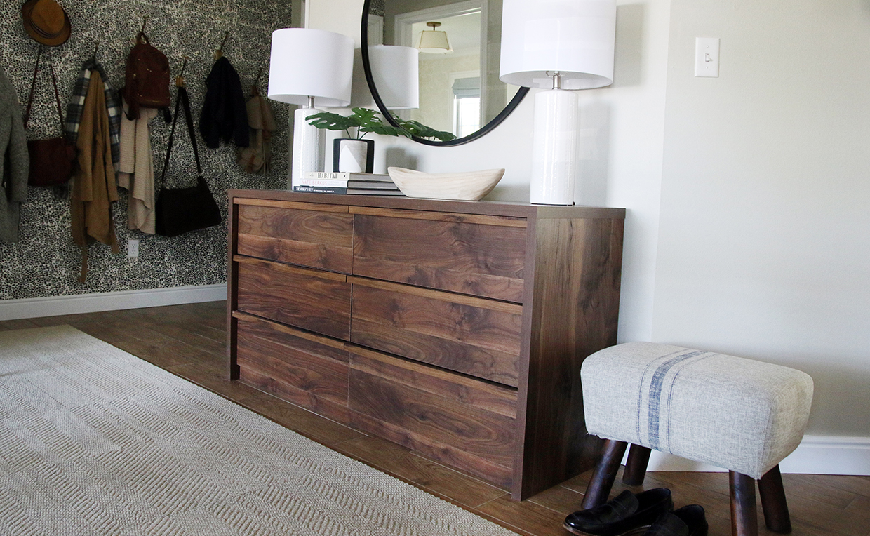 Dresser and mirror with lamps, coat rack and stool