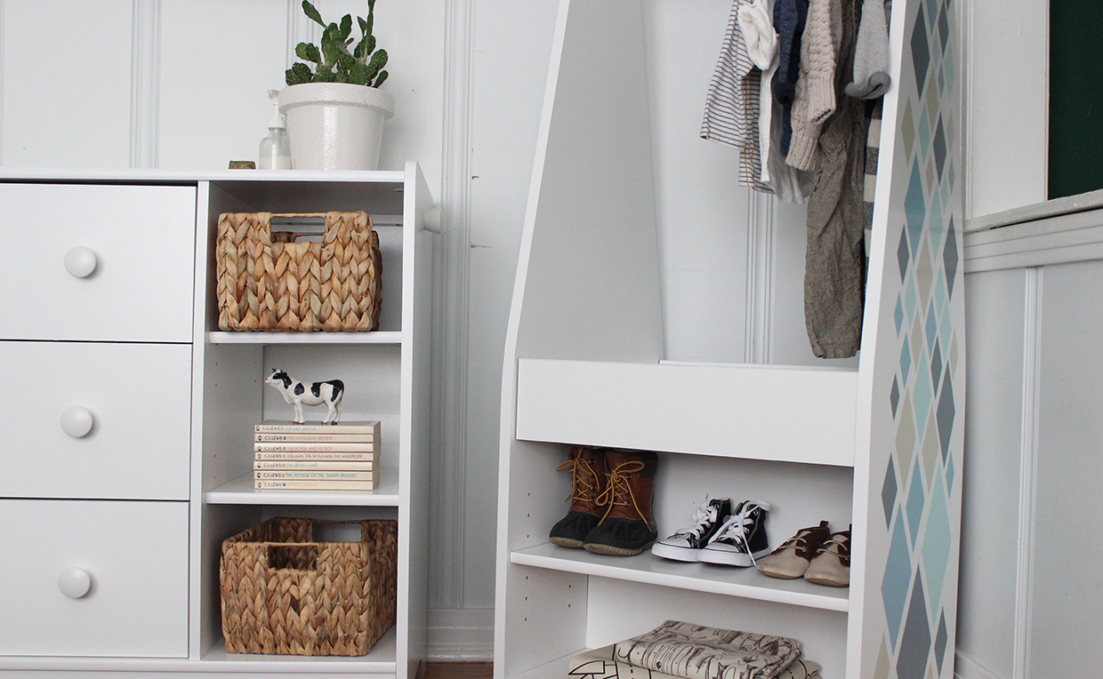 White dresser, open wardrobe storage, kids’ bedroom