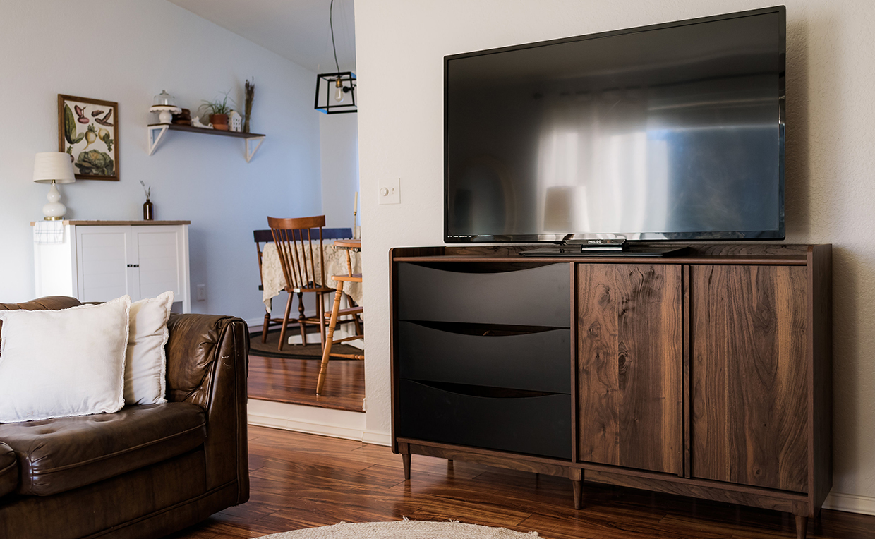 Midcentury Modern entertainment credenza with TV