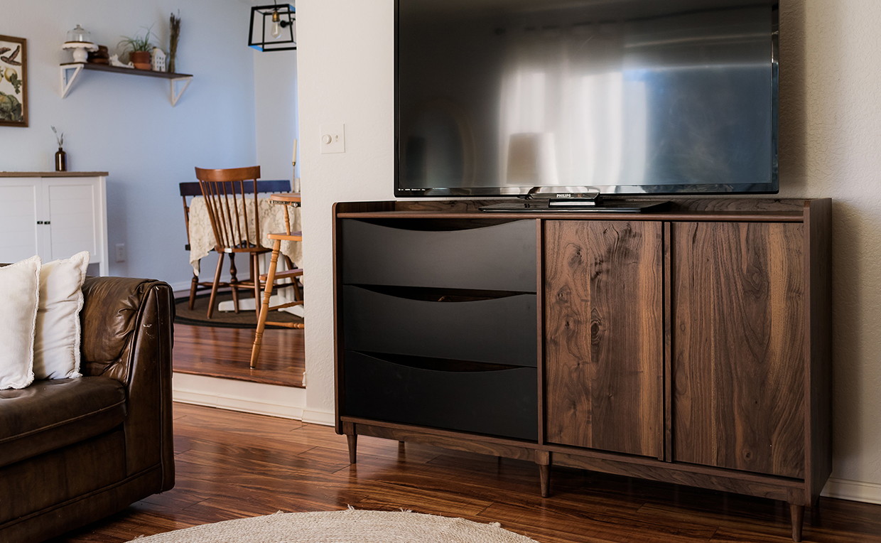 Midcentury Modern entertainment credenza with TV