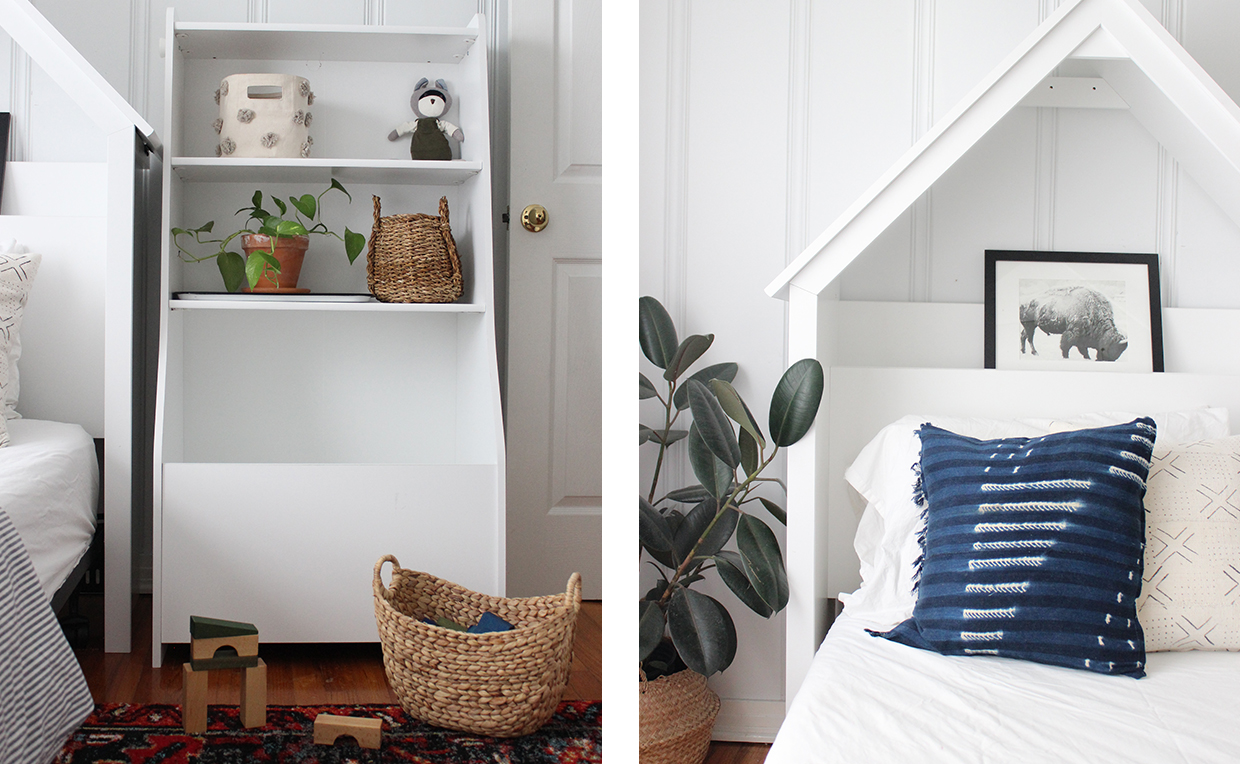 White bin bookcase storage, white twin headboard, kids’ bedroom