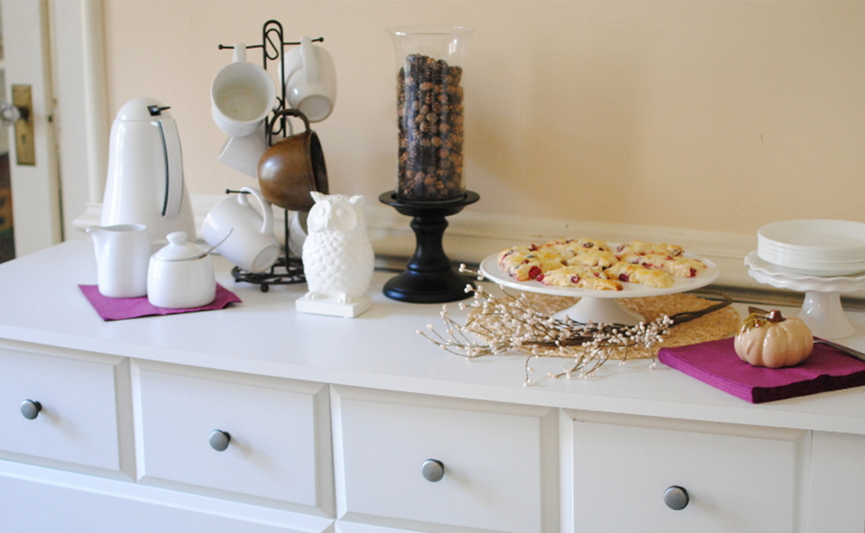 Use furniture for different purposes, like a dresser as a breakfast buffet.