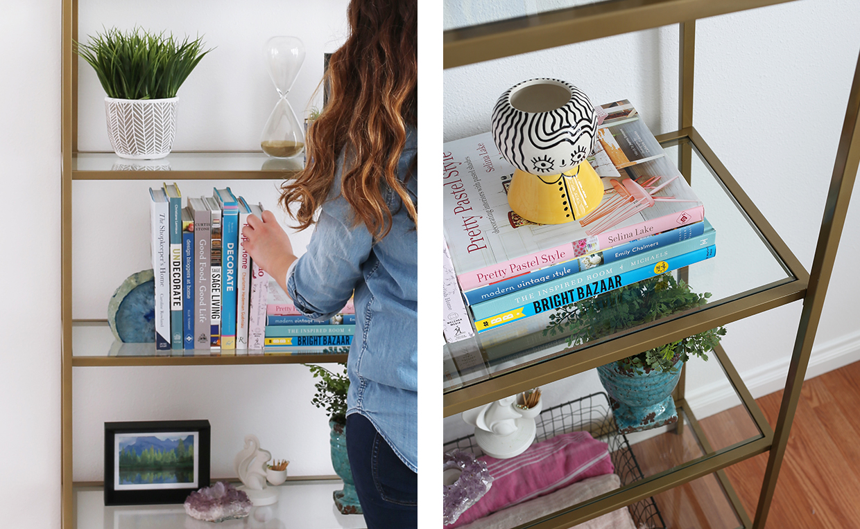 Gold metal and glass tower bookcase