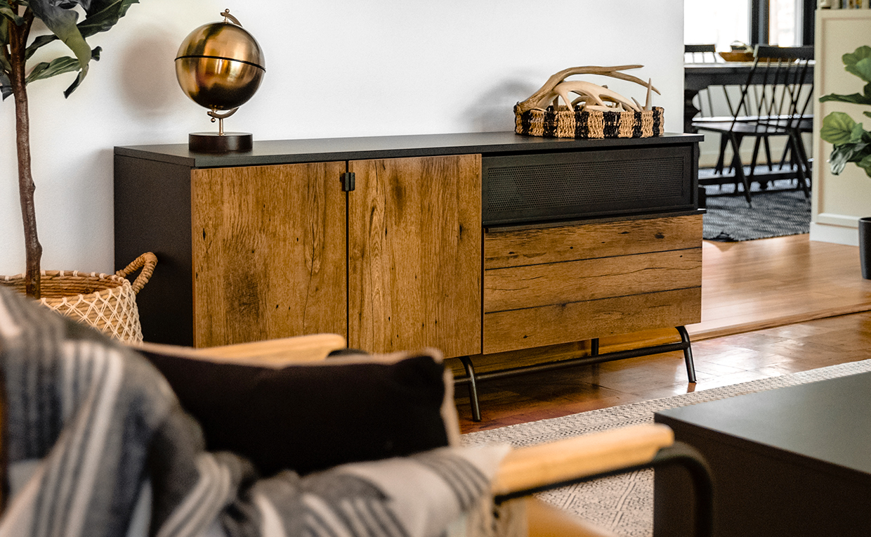 Industrial style entertainment stand in Vintage Oak finish